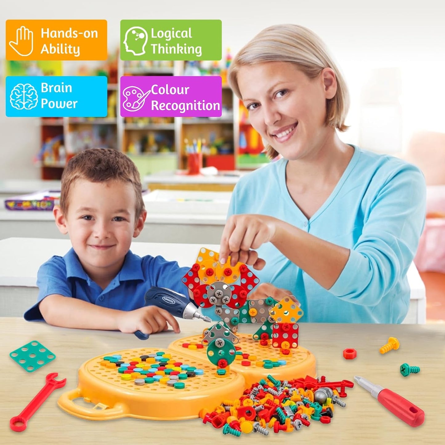 Kids’ DIY STEM Building Suitcase | 2D & 3D Screw Puzzle Set with Electric Toy Drill (203 pieces)