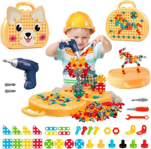 Kids’ DIY STEM Building Suitcase | 2D & 3D Screw Puzzle Set with Electric Toy Drill (203 pieces)