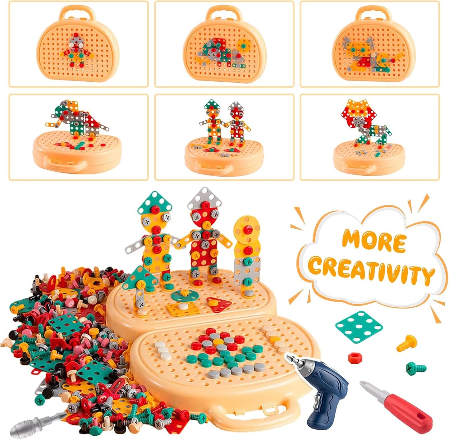 Kids’ DIY STEM Building Suitcase | 2D & 3D Screw Puzzle Set with Electric Toy Drill (203 pieces)