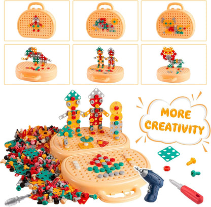 Kids’ DIY STEM Building Suitcase | 2D & 3D Screw Puzzle Set with Electric Toy Drill (203 pieces)
