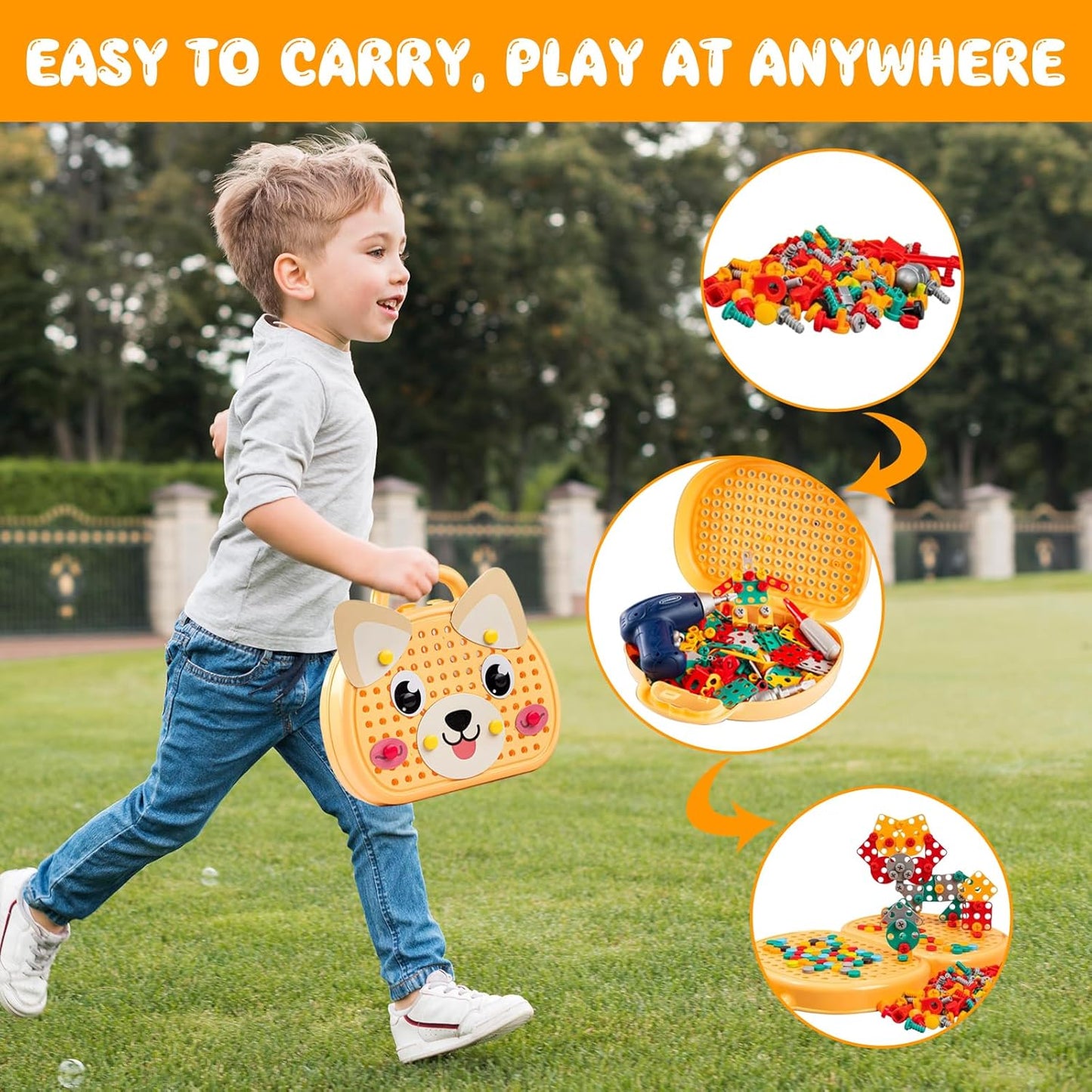 Kids’ DIY STEM Building Suitcase | 2D & 3D Screw Puzzle Set with Electric Toy Drill (203 pieces)